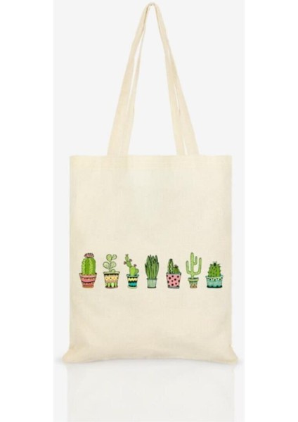 Renkli Kaktüsler Baskılı Ham Bez Çanta C0190