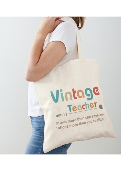 vintage Teacher Baskılı Ham Bez Omuz