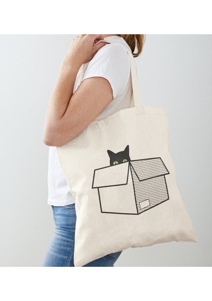 kutuda Kedi Baskılı Ham Bez Omuz