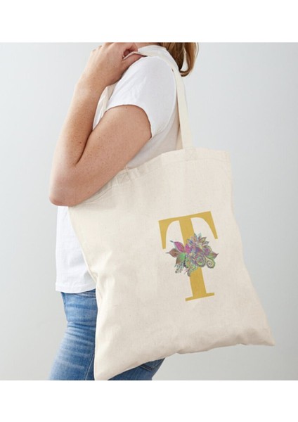 T Harfi Gold Tasarım Baskılı Ham Bez