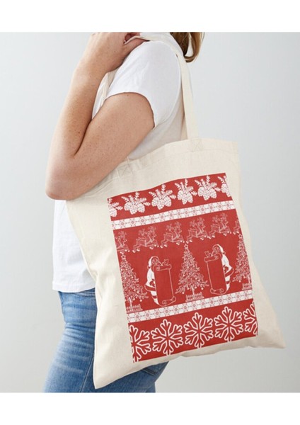 Merry Christmas Tsarımlı Ham Bez Omuz Çantası 2