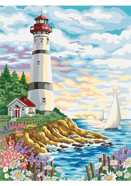 Pastel Deniz Feneri Sayılarla Boyama Seti 40 x 50 cm Tuval Şasesine Gerili