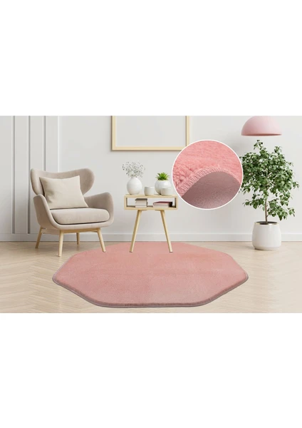 My Evilla Modern Dekoratif Halı Jel Kaymaz Taban Peluş Puffy Desenli Pembe Sekizgen Halı