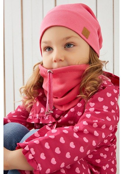 Kız Bebek Çocuk Pembe Ip Detaylı Şapka Bere Boyunluk Takım Rahat %100 Pamuklu Kaşkorse Yerli