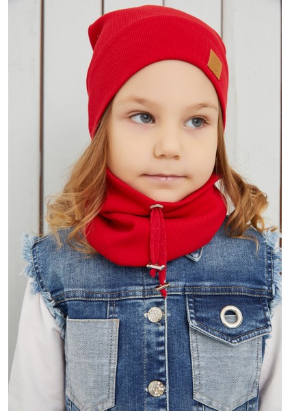 Kız Bebek Çocuk Kırmızı Ipli Şapka Bere Boyunluk Takım Rahat %100 Pamuklu Kaşkorse Yerli