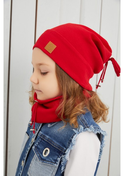 Kız Bebek Çocuk Kırmızı Ipli Şapka Bere Boyunluk Takım Rahat %100 Pamuklu Kaşkorse Yerli modelleri