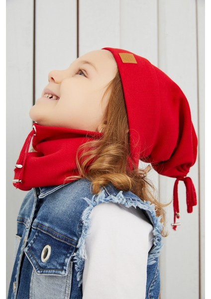 Kız Bebek Çocuk Kırmızı Ipli Şapka Bere Boyunluk Takım Rahat %100 Pamuklu Kaşkorse Yerli fırsatları
