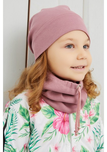 Kız Bebek Çocuk Gül Kurusu Ipli Şapka Bere Boyunluk Takım Rahat %100 Pamuklu Kaşkorse Yerli Üretim fiyatları