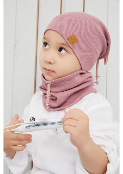 Erkek Bebek Çocuk Gül Kurusu Ip Detaylı Şapka Bere Boyunluk Takım Rahat %100 Pamuklu Kaşkorse