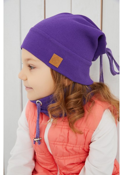 Kız Bebek Çocuk Mor Ip Detaylı Şapka Bere Boyunluk Takım Rahat %100 Pamuklu Kaşkorse Yerli