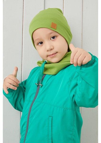 Erkek Bebek Çocuk Yeşil Ip Detaylı Şapka Bere Boyunluk Takım Rahat %100 Pamuklu Kaşkorse