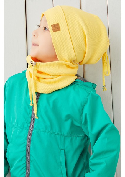 Erkek Bebek Çocuk Sarı Ip Detaylı Şapka Bere Boyunluk Takım Rahat %100 Pamuklu Kaşkorse