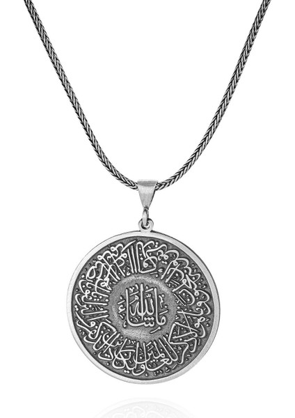 34 mm Çap Nazar Ayeti Dualı Madalyon 60 cm 925 Gümüş Kolye