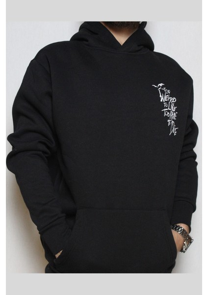 Baskılı Siyah Kapşonlu Sweatshirt
