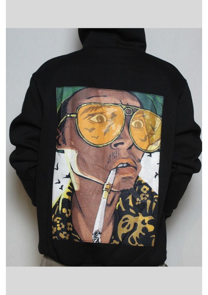 Baskılı Siyah Kapşonlu Sweatshirt