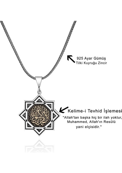 Kelime-I Tevhid Işlemesi Selçuklu Yıldızı Çerçeveli 925 Ayar Gümüş Kolye
