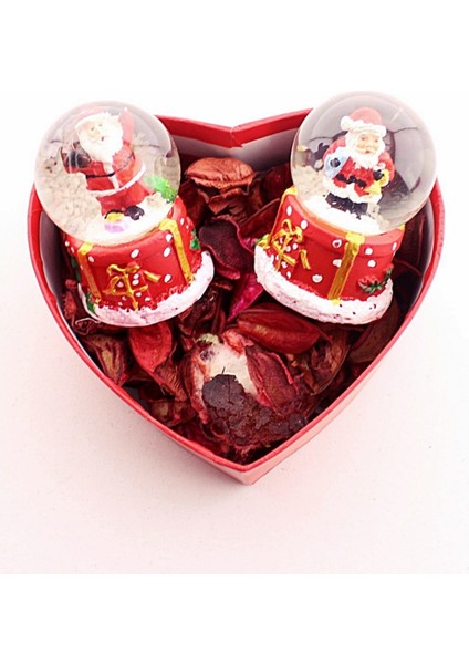 Dekoratif Noel Baba Yeni Yıl Yılbaşı Özel Kalp Kutu Içinde 2 Adet Noel Baba Kar Küresi 6,5 cm ve Kuru Gül