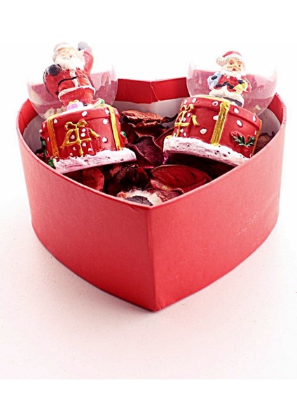 Dekoratif Noel Baba Yeni Yıl Yılbaşı Özel Kalp Kutu Içinde 2 Adet Noel Baba Kar Küresi 6,5 cm ve Kuru Gül modelleri