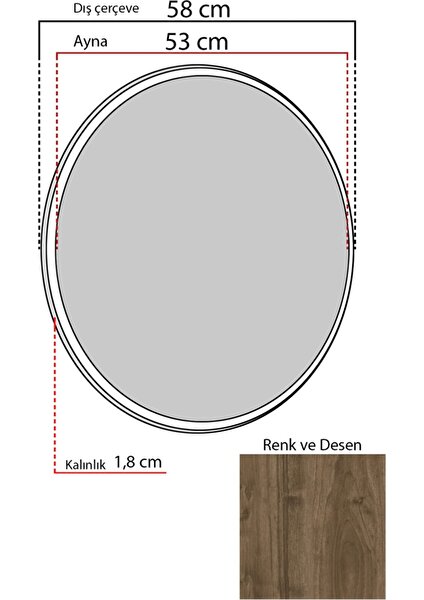 58 Ceviz Dekoratif Yuvarlak Antre Hol Koridor Duvar Salon Mutfak Banyo Wc Ofis Aynası