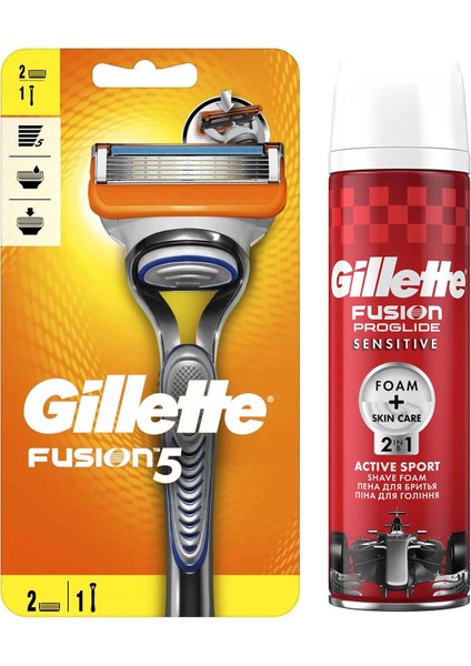 Fusion 5 Tıraş Makinesi + 2 Yedek Tıraş Bıçağı +Gillette Fusion Proglide Tıraş Köpüğü 250ML