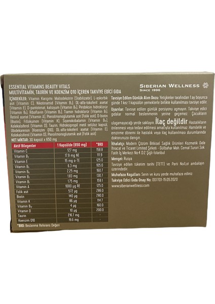 Essential Vitamins Beauty Vıtals / Güzellik Vitaminleri. Multivitamin, Taurin ve Koenzim Q10 Içeren Takviye Edici Gida fiyatları