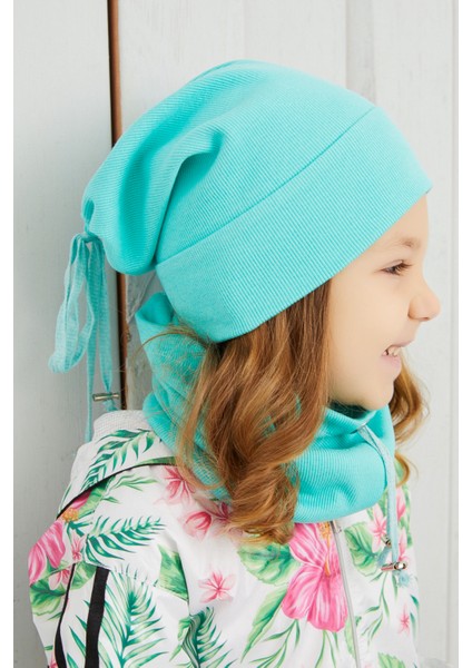 Kız Bebek Çocuk Okyanus Mavi Ipli Şapka Bere Boyunluk Takım Rahat %100 Pamuklu Kaşkorse modelleri