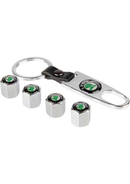 Skoda Paslanmaz Çelik Sibop Kapağı ve Anahtarlık Seti Krom Renk