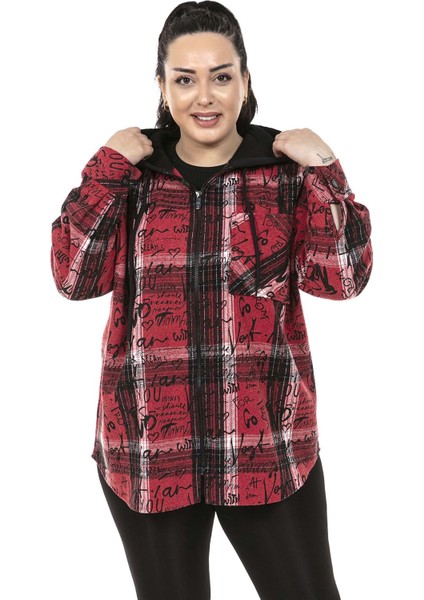 Büyük Beden Kapüşonlu Fermuarlı Tek Cepli Baskılı Kırmızı Ceket Gömlek