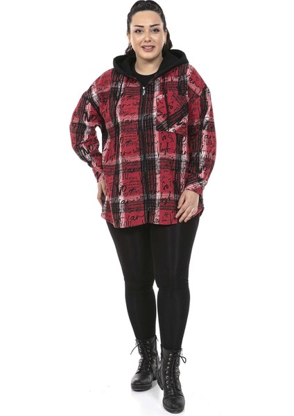 Büyük Beden Kapüşonlu Fermuarlı Tek Cepli Baskılı Kırmızı Ceket Gömlek fiyatları
