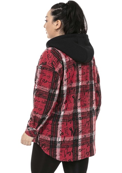 Büyük Beden Kapüşonlu Fermuarlı Tek Cepli Baskılı Kırmızı Ceket Gömlek fırsatları