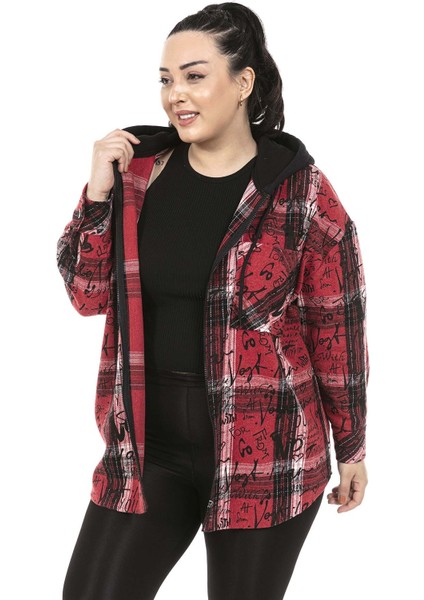 Büyük Beden Kapüşonlu Fermuarlı Tek Cepli Baskılı Kırmızı Ceket Gömlek indirimleri