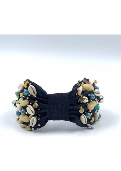 Denim Kumaş Üzerine Deniz Kabuğu ve Boncuk Işleme Lacivert Taç fiyatları