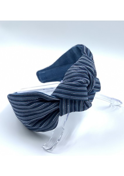 Lacivert Çizgili Simli Denim Düğümlü Taç