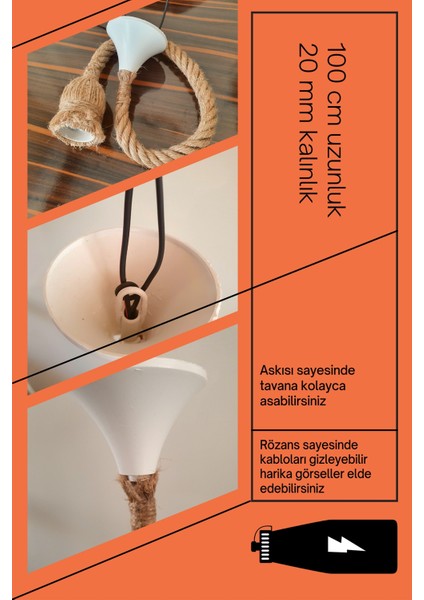 100 cm Halat Sarkıt Avize Rustik Dekoratif Jüt Cafe Avizesi