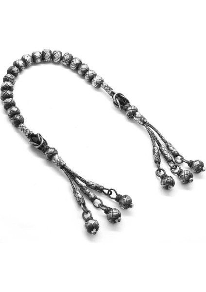 Küre Kesim Eskitme Renk Siyah Zirkon Taşlı 1000 Ayar Gümüş Zaza-Kazaz Tesbih