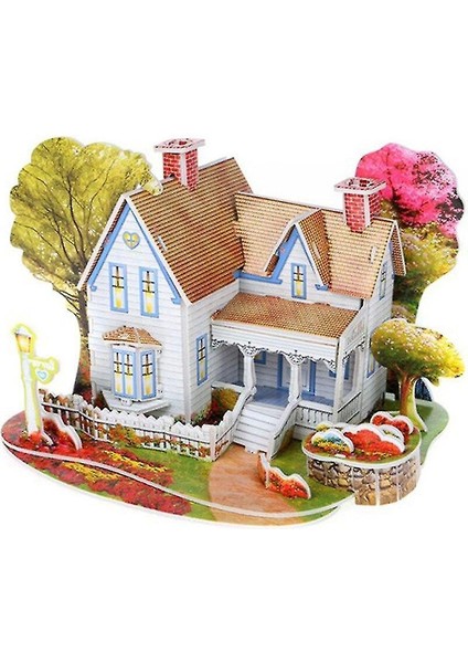 (Beyaz Villa) 3D Bulmaca Dıy Evi Karikatür Prenses Kalesi Bahçe Kalesi Modeli Erken Öğrenme