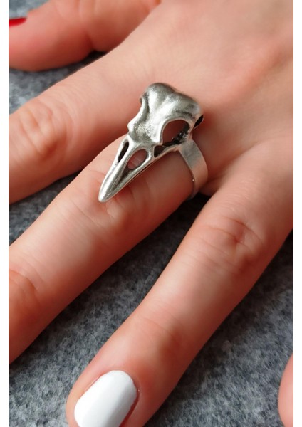 Antik Gümüş Kaplama Karga Başı Iskeleti Şekilli El Yapımı Ayarlanabilir Yüzük