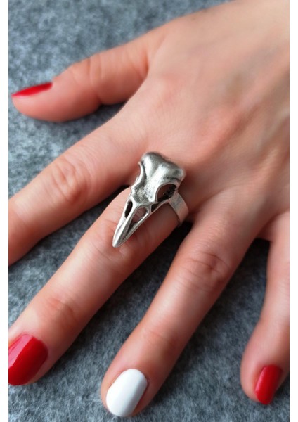 Antik Gümüş Kaplama Karga Başı Iskeleti Şekilli El Yapımı Ayarlanabilir Yüzük fiyatları