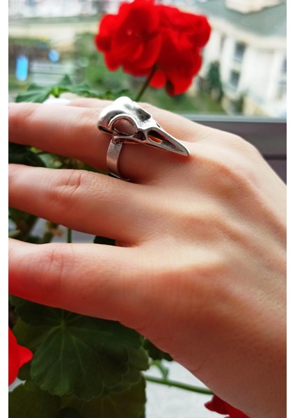 Antik Gümüş Kaplama Karga Başı Iskeleti Şekilli El Yapımı Ayarlanabilir Yüzük modelleri