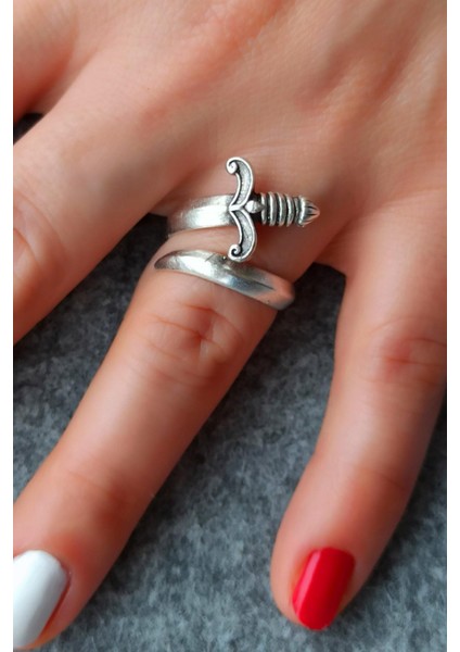 Antik Gümüş Kaplama Savaş Kılıcı Şekilli El Yapımı Ayarlanabilir Yüzük