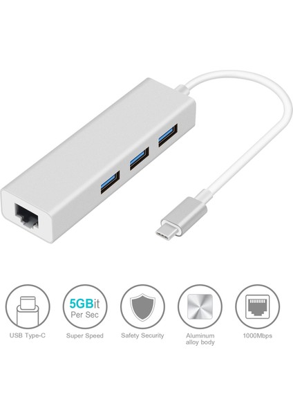 CDG-CNV85 3 Port USB3.0+RJ45 Usb3.1 Type-C Hub Beyaz