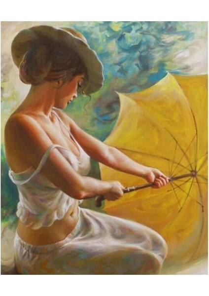 Sarı Şemsiyeli Güzel Sayılarla Boyama Seti Kasnaklı 40 x 50 cm