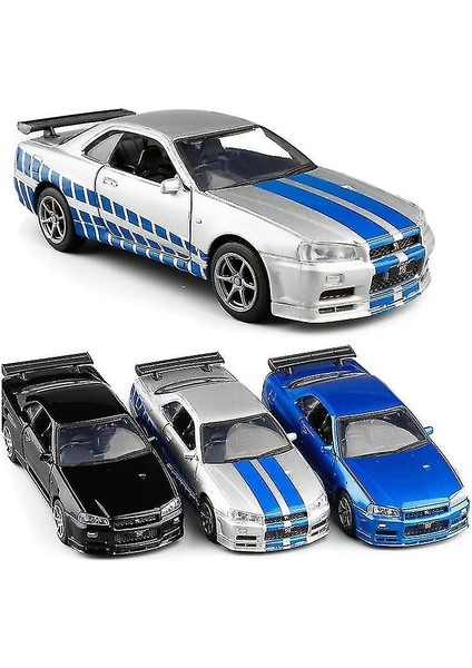 (Mustang B-Sarı) 1:36 Nissan Gt-R R34 Spor Araba Alaşımlı Model, Simüle Metal Geri Çekin Model Oyuncaklar