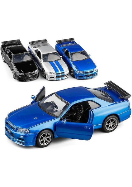 (Mustang B-Sarı) 1:36 Nissan Gt-R R34 Spor Araba Alaşımlı Model, Simüle Metal Geri Çekin Model Oyuncaklar