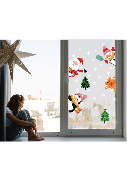 Yılbaşı Noel Baba, Penguen, Kardan Adam, Kurabiye Adam Cam, Duvar, Kapı Sticker