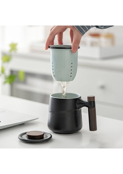 Seramik Çay Kupa ile / Filtre Kapak Tahta Kolu Çay Brewing Siyah Hediye Kutusu Için (Yurt Dışından)