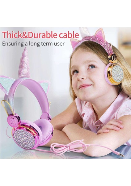 Güzel Unicorn Glitter Çocuklar Kulaklık Kız Çocuklar Için Mikrofon Mikrofon ile Pink 1 (Yurt Dışından)