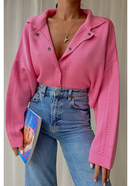 Çıt Çıt Detay Crop Hırka Pembe