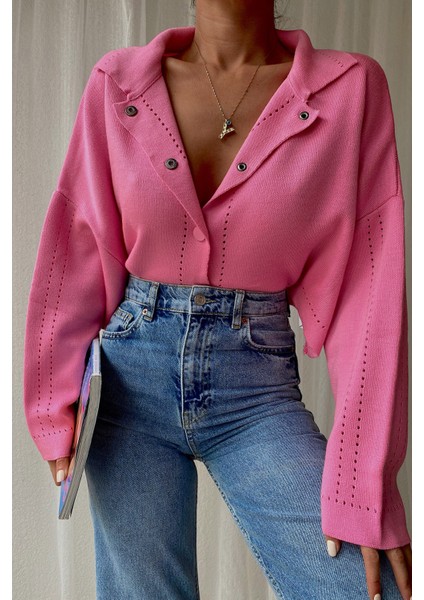 Çıt Çıt Detay Crop Hırka Pembe