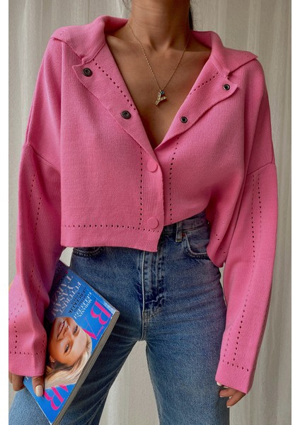Çıt Çıt Detay Crop Hırka Pembe